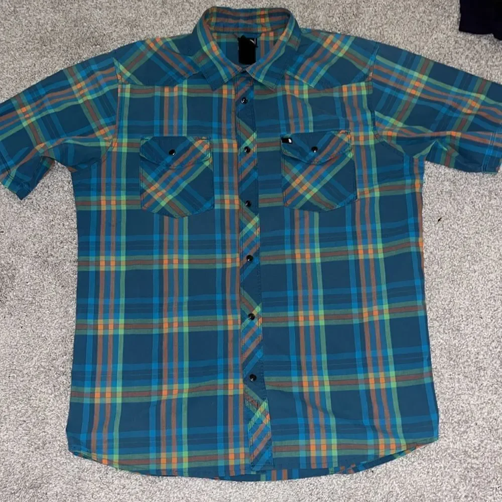 Vintage Western SS Cowboy Pearl Snap North Face Poly Cotton Trail Hiking Shirt M